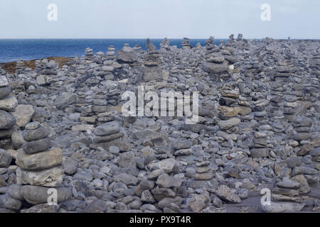 Stapel von zen Steine sind über der Küste von einer ländlichen Küste in Irland verstreut Stockfoto