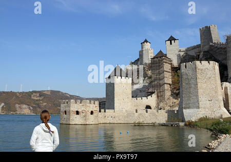 Das Mädchen sieht sich die Festung Golubac Serbien Stockfoto