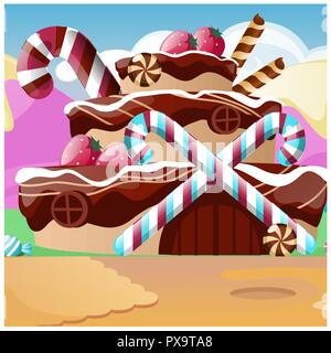 Niedlich poster Mit einer Torte in Form eines Hauses. Vektor cartoon Close-up Abbildung. Stock Vektor