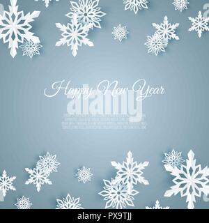 Weihnachtskarte mit Papier Schneeflocke. Fallende Schneeflocken auf einem blauen Hintergrund. Stock Vektor