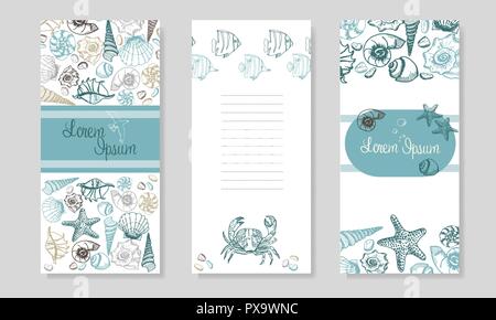 Seashells Broschüre Design. Sommer Meer Muscheln Banner Design. Hand gezeichnet Radierung Stil. Für Ihren Text. Marine Flayer Vorlage. Stock Vektor
