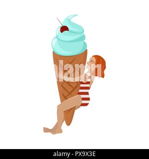 Ingwer Mädchen hängen riesige mint Kegel Eis. Ice Cream girl Cartoon Illustration. Stock Vektor