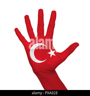 Türkei Flagge auf der Hand über weißen Hintergrund gemalt Stockfoto