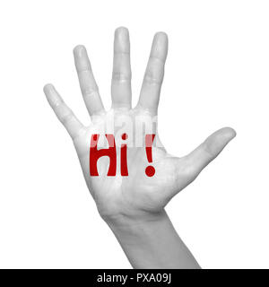 Hi Wort auf der Hand über weißen Hintergrund gemalt Stockfoto