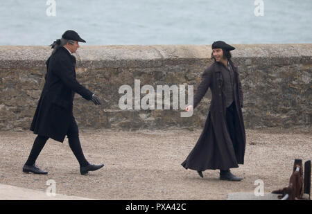 Dreharbeiten der letzten Serie von 'Poldark', Aiden Spaziergänge rund um die in den Hafen. Mit: Aidan Turner Wo: St Austell, Großbritannien Wann: 19 Aug 2018 Quelle: David Sims/WENN.com Stockfoto