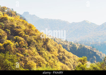 Sonnige szene bunte Berge Herbst Landschaft. Blick auf das Tal mit gelben Bäume und Gipfel. Bunte Szene der Herbstsaison. Stockfoto