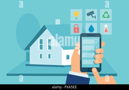 Flaches Design Stil vektor Konzept des Smart house Technology System mit zentraler Steuerung auf dem mobilen Gerät Stock Vektor