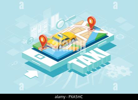Isometrische Standort Mobile geo-Tracking. Online Taxi oder Service app Konzept. Vektor eines Yellow Cab und GPS-Route point Pins auf dem Smartphone Stock Vektor