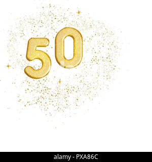 Goldene Zahl 50 50 auf weißem Hintergrund. Ideal 50. Hochzeitstag oder Geburtstag. Glitzernde. Stockfoto