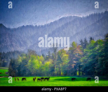 Bildende Kunst: Pferde grasen im hirschbachtal in der Nähe von Lenggries, Bayern, Deutschland Stockfoto