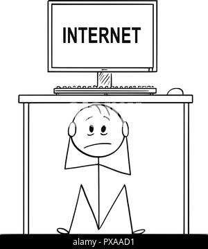 Cartoon von Mann oder Geschäftsmann, Sitzen unter dem Schreibtisch mit Computer und Internet Text verborgen Stock Vektor