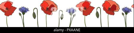 Nahtlose grenzüberschreitende poppy Kornblume, Vektor Stock Vektor
