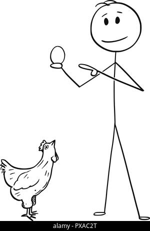 Cartoon von Mann, Ei und Huhn oder Chicken ist beobachten ihn Stock Vektor