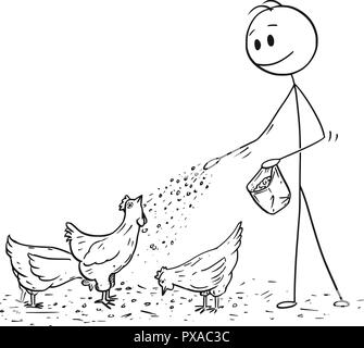 Cartoon von Mann oder Landwirt Hühner oder Hühner füttern Stock Vektor