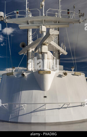 Inside Passage, BC, Kanada - 13 September, 2018: SAM elektronische Navigation, Radar und Antenne auf einem Radar mast Turm von einem Kreuzfahrtschiff. Stockfoto