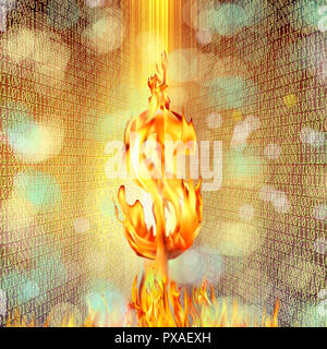 Konzeptionelle Bild des brennenden Dollarzeichen und Feuer flammen über Binärcode von Null und Eins Stockfoto