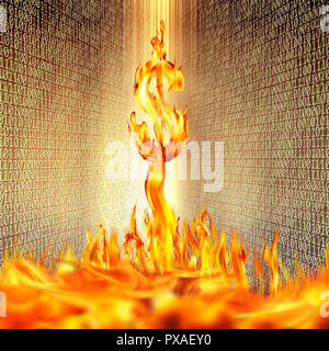 Konzeptionelle Bild des brennenden Dollarzeichen und Feuer flammen über Binärcode von Null und Eins Stockfoto
