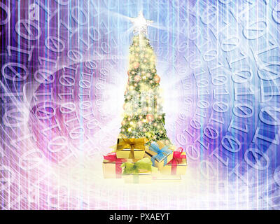 Konzeptionelle Nähe eingerichtet glänzenden Weihnachtsbaum in abstrakten strukturellen Lichter und Binärcode von Null und Eins Stockfoto