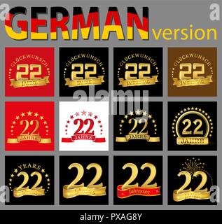 Satz von Nummer 21 (22 Jahre) fest. Jahrestag goldene Vorlage Anzahl Elemente für Ihre Geburtstagsfeier. Von der Germa übersetzt Stock Vektor
