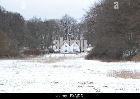 Ende März 2018, Schneefall auf North Downs zwischen Westerham und Chartwell, Heimat von Winston Churchill Stockfoto