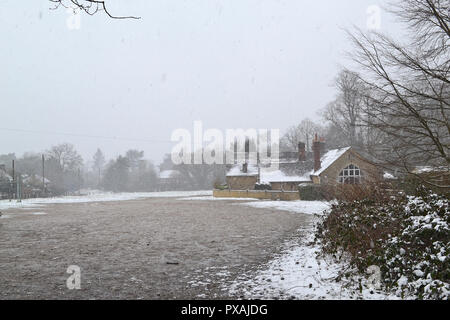 Ende März 2018, Schneefall bei hosey Gemeinsamen auf die North Downs zwischen Westerham und Chartwell, Heimat von Winston Churchill Stockfoto