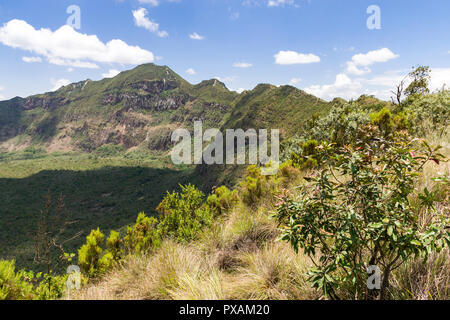 Blick auf den Hauptkrater mit Rim und Wald unterhalb von Oloonongot Krater, Mount Longonot, Kenia Stockfoto