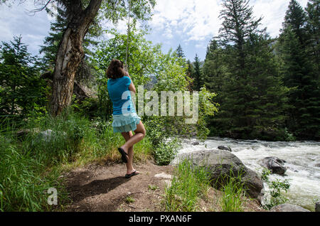 Brunette attraktiv fit aktive Frau Schaukeln und hält auf einem Seil Baum schwingen in Wyoming entlang der Beartooth Highway im Sommer. Fluss im Hintergrund Stockfoto