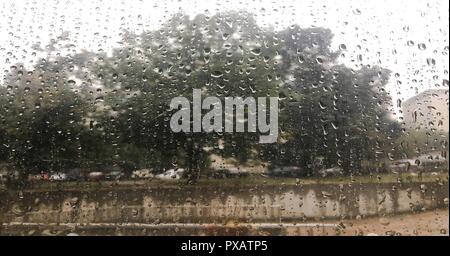 Regen fällt auf nassen Fenster und Straße Baum, blauer Himmel und stürmischer Regen Wolken hinter, verschwommenes Stadt bokeh. Konzept der regnerischen Wetter, Jahreszeiten, moderne Stadt. Stockfoto