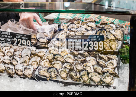 Sydney Fischhändler, der frische Meeresfrüchte, Muscheln und Austern verkauft, Sydney, Australien, Preis pro kg für Austern Stockfoto