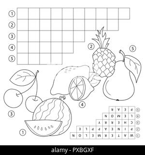 Kreuzworträtsel Spiel mit Früchten. Pädagogische Seite für Kinder - Englische Wörter Stock Vektor
