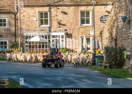 Ein Landwirt auf einem Quad Escorts eine Herde von Schafen durch das ländliche Dorf Thwaite, Swaledale, Yorkshire Dales, Großbritannien Stockfoto
