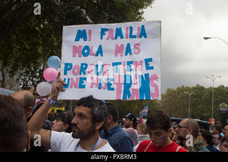 Madrid, Spanien. Okt, 2018 20. Demonstrant gesehen halten ein Banner auf ''My Family geschrieben wird kühler, weil wir eine transsexuelle Sohn haben" Ährend der Protest würde. Hunderte von Transsexuellen und ihre Familien die Straßen von Madrid bereist haben für die Rechte von transgender Personen innerhalb der Internationalen Tag des Kampfes für die Transeuropäischen Netze Depathologization zu protestieren. Credit: Lito Lizana/SOPA Images/ZUMA Draht/Alamy leben Nachrichten Stockfoto