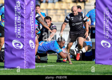 Parma, Italien. 20. Oktober, 2018. Die flanker Zebre Jimmy Tuivaiti Kerben versuchen im Spiel gegen den Bären in europäischen Rugby Challenge Cup Runde 2 © Luca Sighinolfi/Alamy leben Nachrichten Stockfoto