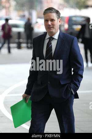 London, UK, 21. Oktober 2018. Sir Keir Starmer Shadow Secretary of State für den Austritt aus der Europäischen Union in den BBC-Studios in London. Stockfoto