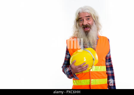 Studio shot von Happy älterer bärtiger Mann Bauarbeiter smil Stockfoto
