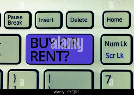 Handschrift text Kaufen oder Mieten. Begriff Sinne Zweifel zwischen etwas besitzen, erhalten Sie es für vermietet. Stockfoto