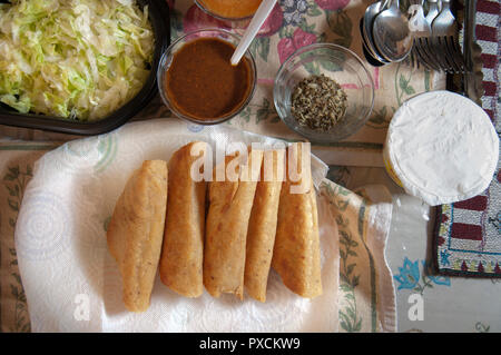 Mexikanische Tacos dorados Nur scharfe Salsa Kopfsalat und Sahne hinzufügen, die Zutaten Stockfoto