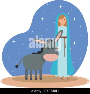 Süße Maria Jungfrau mit Maultier auf Nacht Stock Vektor