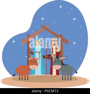 Die Jungfrau Maria und der hl. Josef mit Tieren Stock Vektor