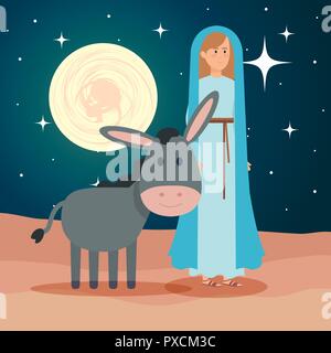 Süße Maria Jungfrau mit Maultier auf Nacht Stock Vektor