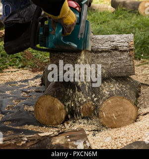 Kettensäge auf dem Hintergrund von Schnittholz rundholz Brennholz für den Winter Stockfoto