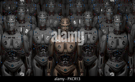 Futuristische Roboter Armee. Gruppe von Cyborgs. 3D-Render. Stockfoto