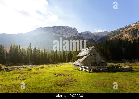 Bunte Bergwiese und Holzhütten im Herbst, Slowenien, Stockfoto