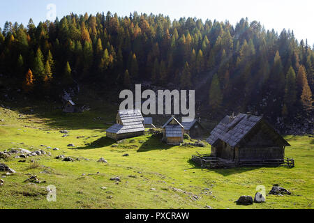 Bunte Bergwiese und Holzhütten im Herbst, Slowenien, Stockfoto