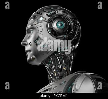 Detaillierte futuristische Roboter Kopf. Auf schwarzem Hintergrund isoliert. 3D-Render. Stockfoto