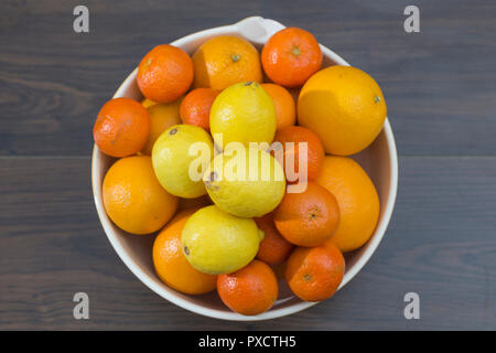 Ansicht von oben in eine Schale mit Orangen, Mandarinen und Zitronen, mediterranen Zitrusfrüchten, auf einem dunklen Hintergrund in Brauntönen Stockfoto