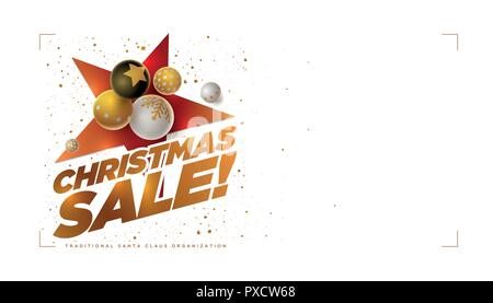 Vektor Weihnachten Verkauf poster Design Template mit 3d-weiß, schwarz und gold Weihnachtskugeln. Weißer Hintergrund. Horizontale Komposition mit kopieren. Stock Vektor
