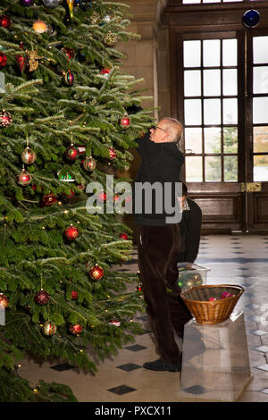 Das VEREINIGTE KÖNIGREICH, England, Yorkshire, Castle Howard an Weihnachten, Großer Saal, die Hon Nick Howard schmücken Weihnachtsbaum Stockfoto