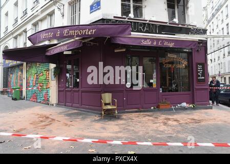 November 14, 2015 - Paris, Frankreich: Die Casa Nostra Restaurant nach dem tödlichen Terroranschlägen. Le Restaurant Casa Nostra au lendemain De tueries du 13 Novembre 2015 dans lesquelles 130 personnes ont ete tuees Gleichheit des terroristes djihadistes. *** Frankreich/KEINE VERKÄUFE IN DEN FRANZÖSISCHEN MEDIEN *** Stockfoto