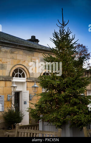 Das VEREINIGTE KÖNIGREICH, England, Yorkshire, Castle Howard an Weihnachten, Ställe Innenhof, beleuchtet, dekoriert Xmas Tree Stockfoto